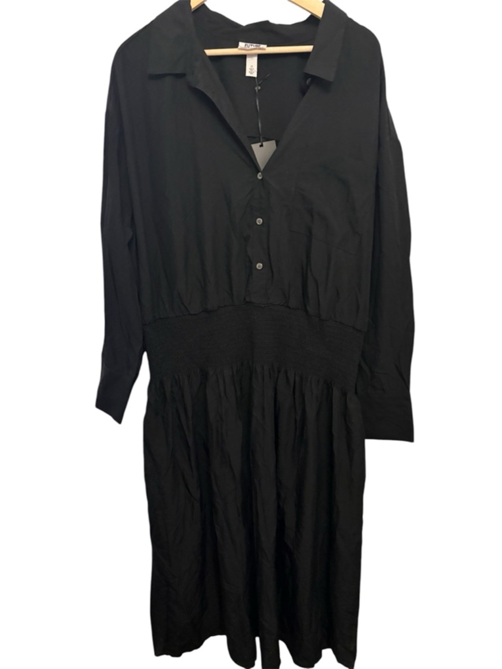 Women's Black Midi Shirt Dress with Smocked Waist